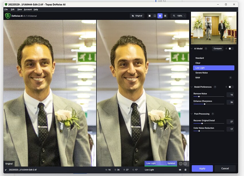Портрет в Topaz DeNoise AI 3.7.0 External с Side-by-Side и выбранной моделью Low Light.