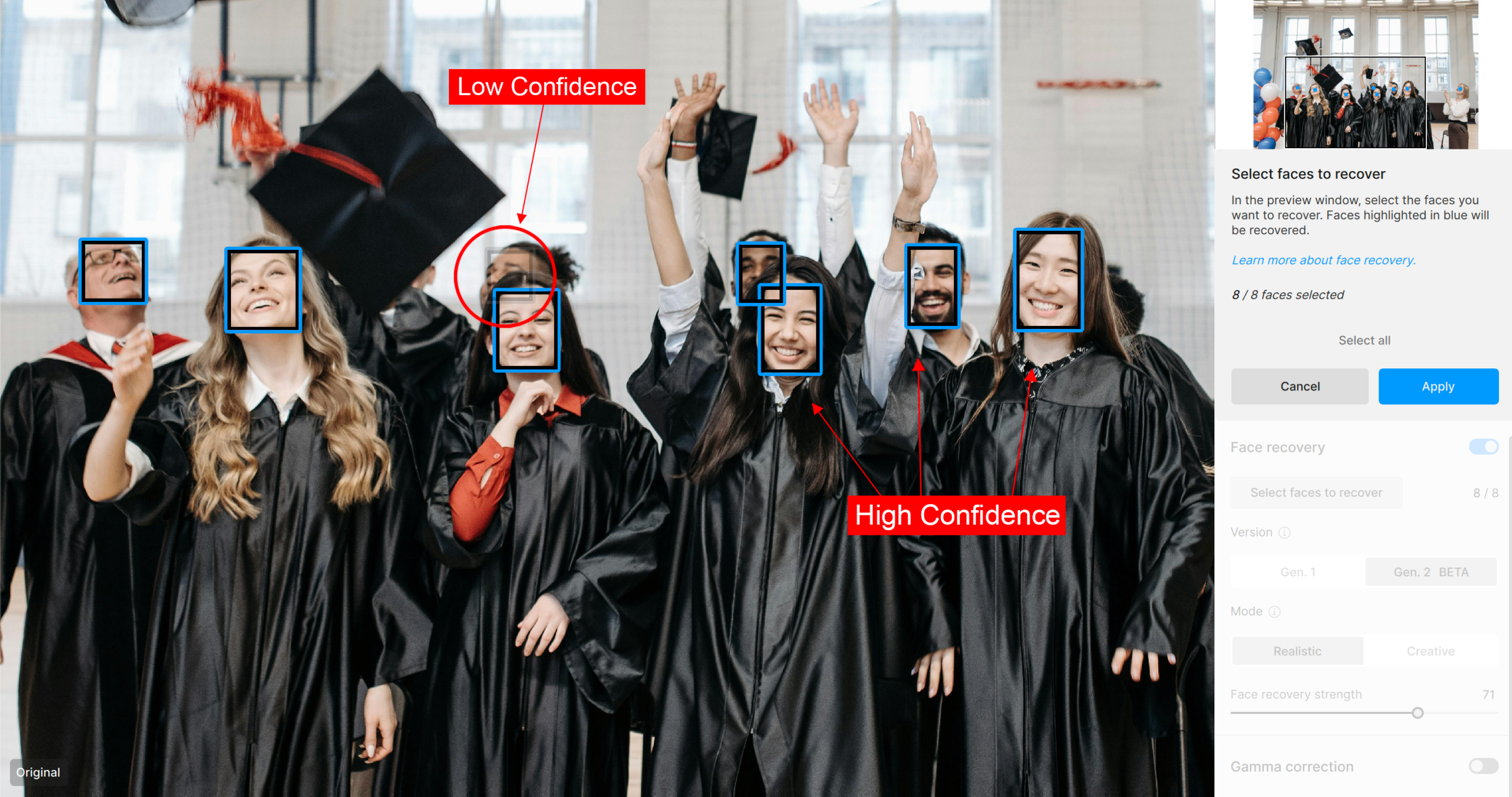 Выбор распознанных лиц для Face Recovery в Topaz Gigapixel AI