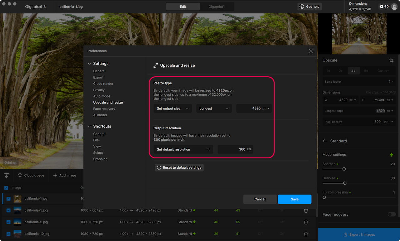 Preferences с настройкой Set output size, Longest и выходного PPI