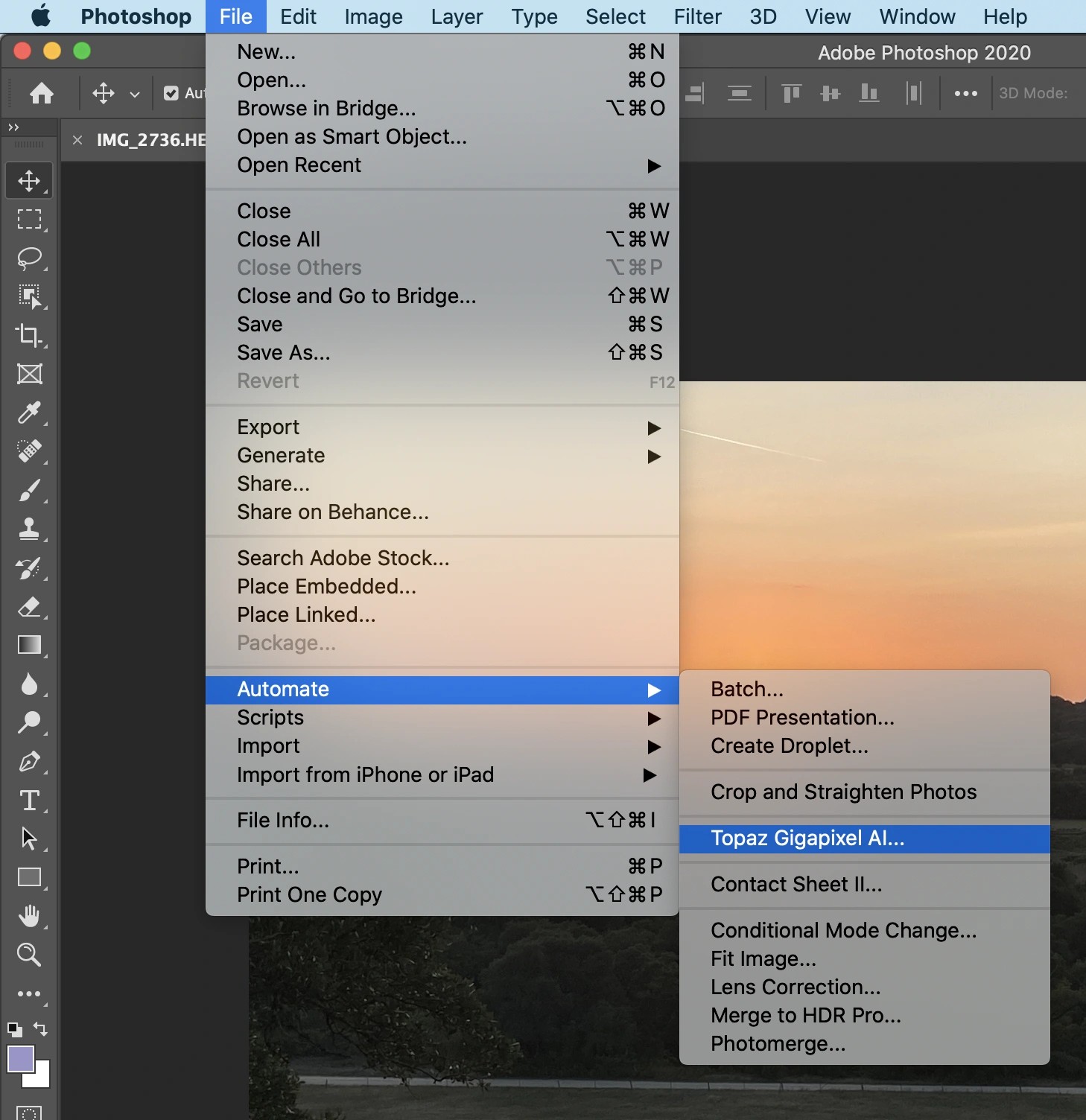 Запуск Topaz Gigapixel AI через File → Automate в Adobe Photoshop