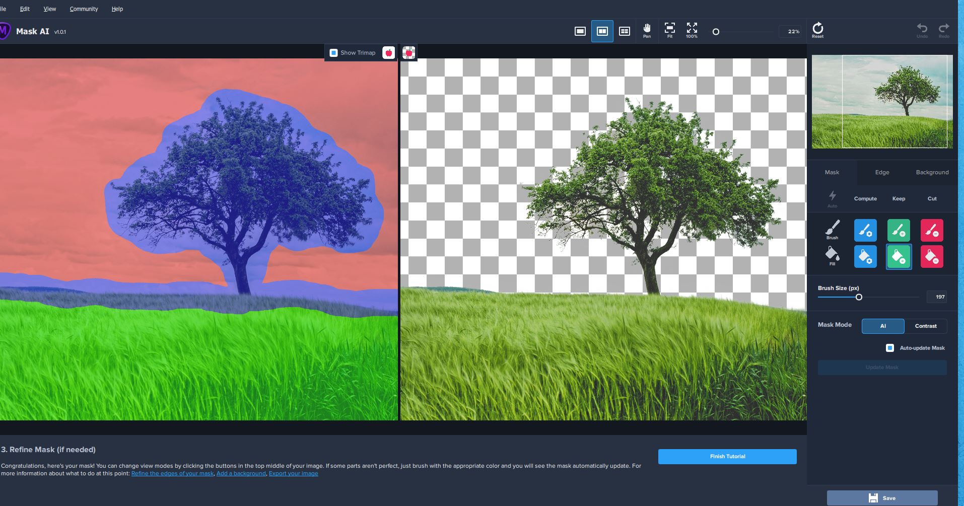Topaz Mask AI с трёхцветной trimap дерева и прозрачным результатом