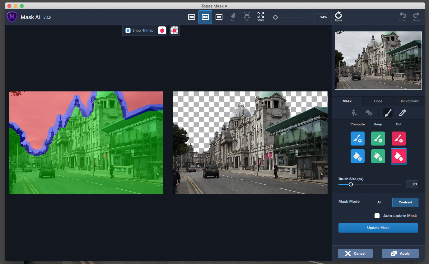 Панель Brush и Fill в Topaz Mask AI, режим Contrast и цветная trimap