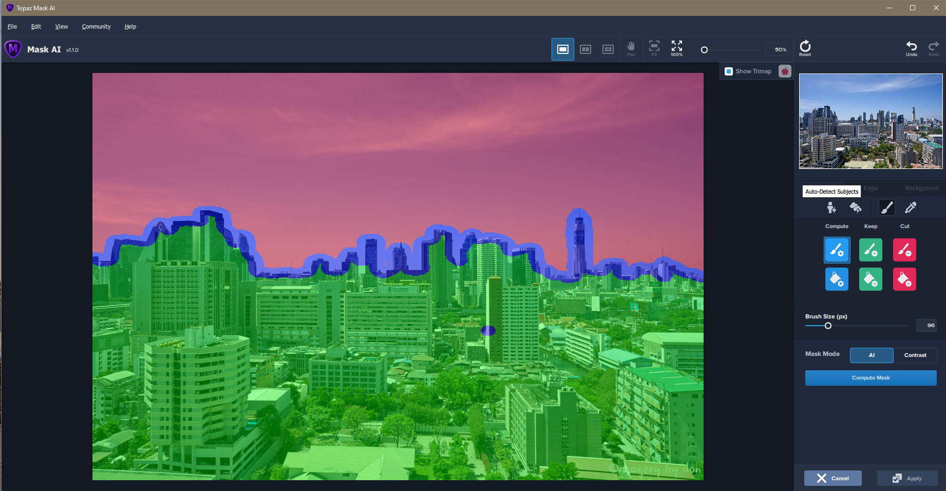 Автоматическая trimap городского горизонта в Topaz Mask AI