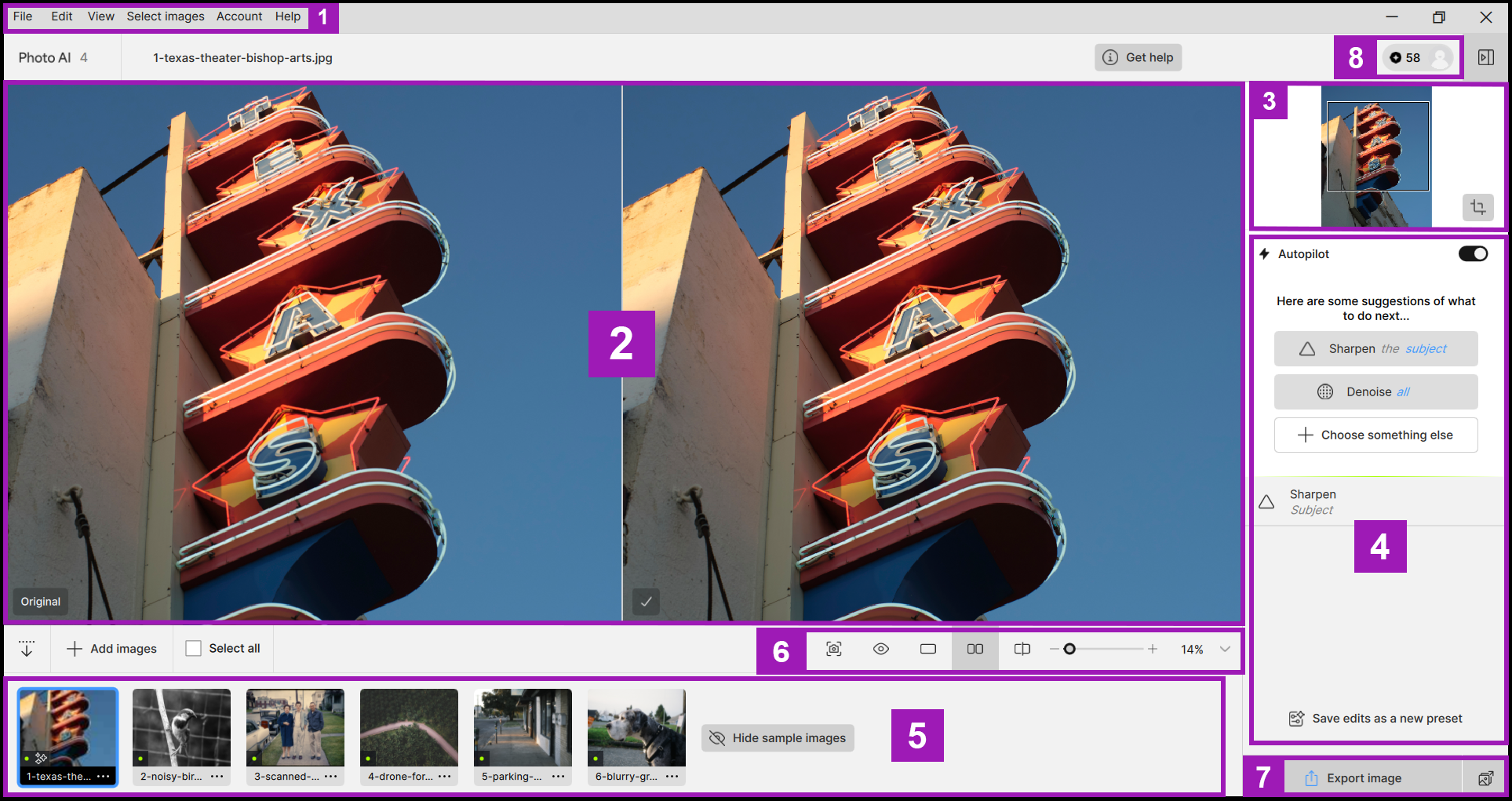 Интерфейс Topaz Photo AI 4 с включённым Autopilot, областью предпросмотра, Film Strip и панелью улучшений