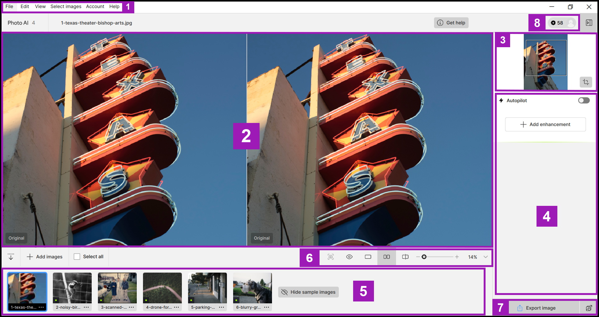 Интерфейс Topaz Photo AI 4 с выключенным Autopilot и кнопкой Add enhancement