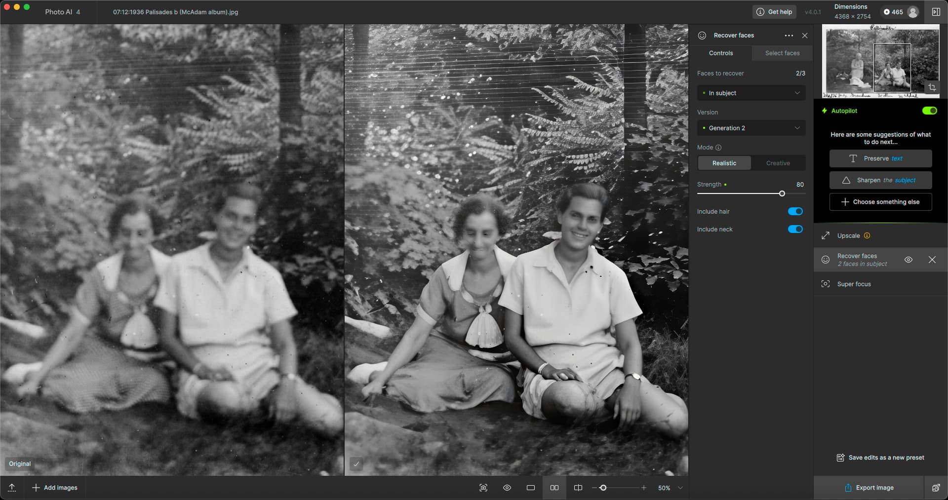 Topaz Photo AI 4 с Recover Faces, настройкой Strength и переключателями обработки волос и шеи