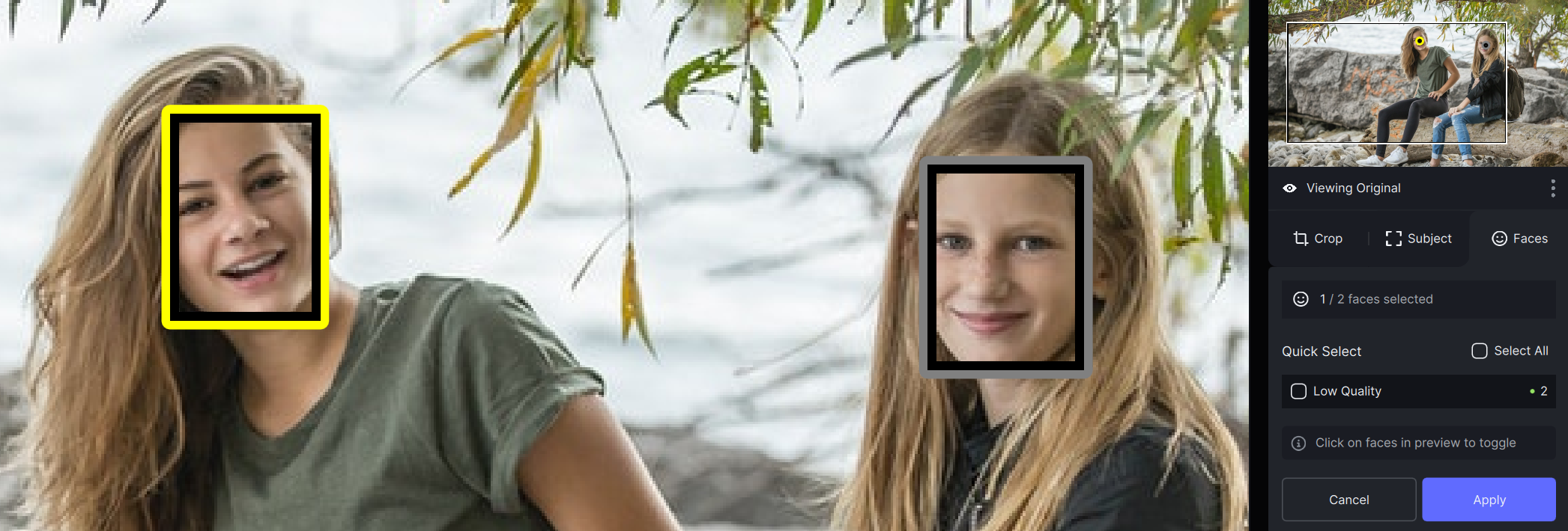 Режим Select Faces в Topaz Photo AI с выбором обнаруженных лиц для Recover Faces