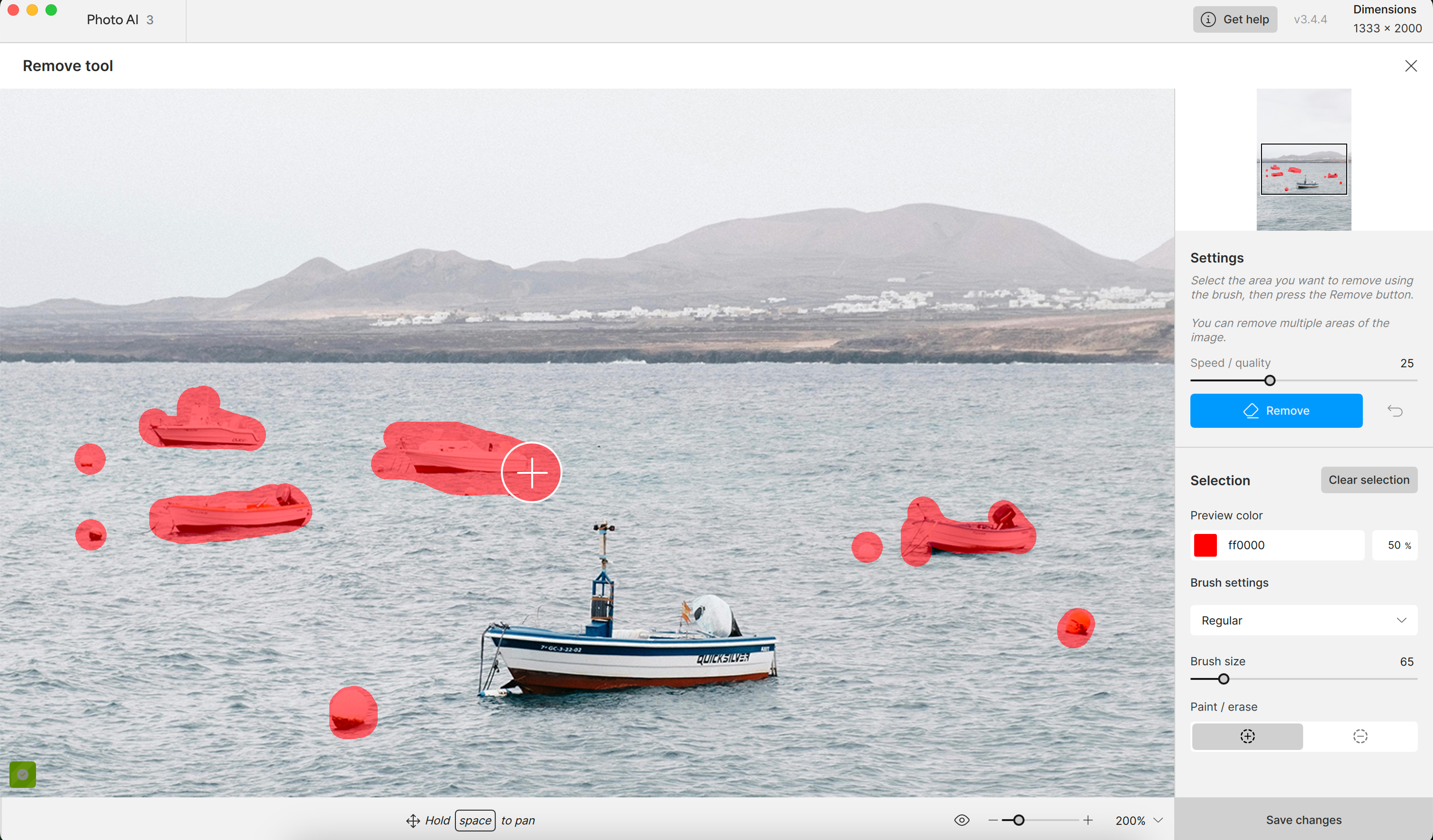 Интерфейс Topaz Photo AI с инструментом Remove Object и маской удаления объекта