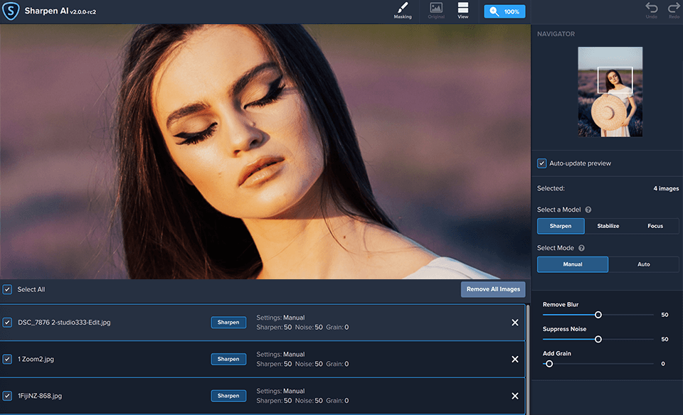 Пакетный режим Sharpen AI 2.0 с несколькими выбранными изображениями и общими параметрами