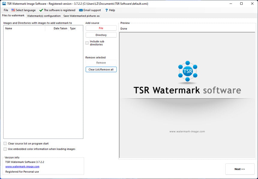 Вкладка Files to watermark со списком исходников, кнопками File и Directory и областью Preview