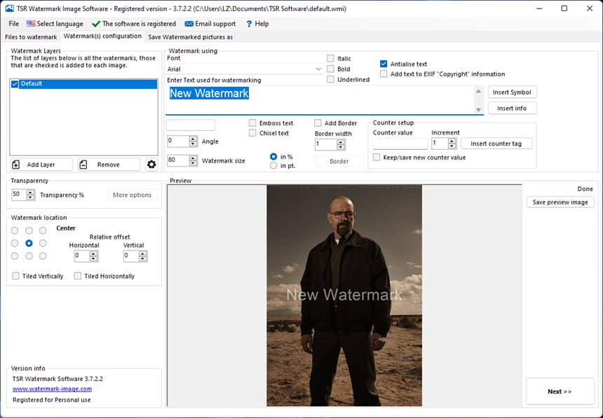 Вкладка Watermark(s) configuration с текстовым водяным знаком, прозрачностью, позицией и Preview