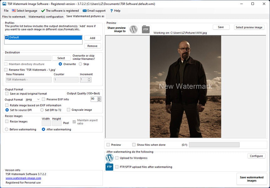 Вкладка Save Watermarked pictures as с папкой назначения, форматом, качеством, ресайзом и Preview