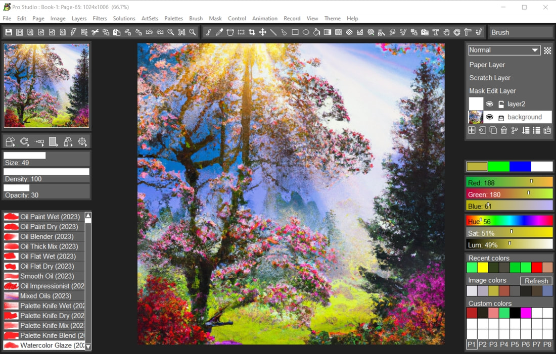 Главное окно TwistedBrush Pro Studio с холстом, кистями, слоями и цветовой панелью