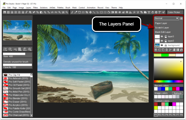 Интерфейс TwistedBrush Pro Studio с открытой современной панелью Layers