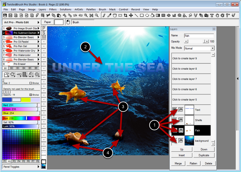 Панель Layers TwistedBrush Pro Studio с примерами блокировки слоёв на подводной композиции