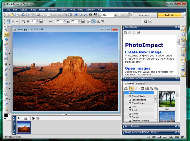 PhotoImpact X3 в Full Edit с панелями SmartGuide, EasyPalette, Layer Manager и History