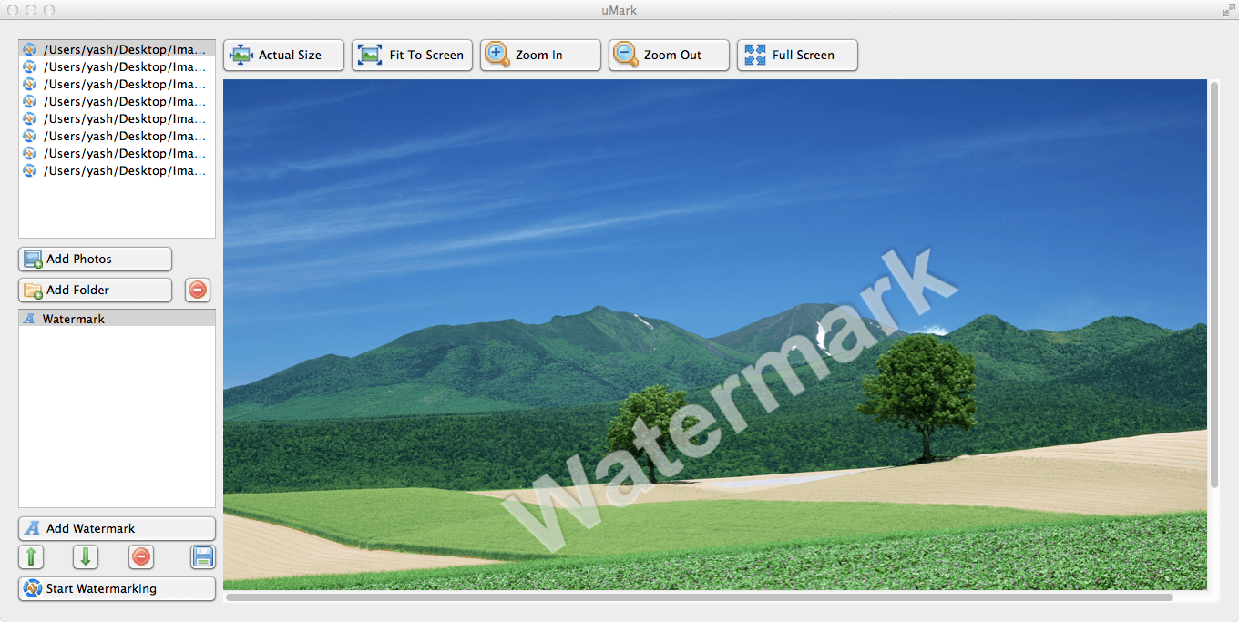 Главное окно uMark для macOS со списком фотографий, водяным знаком и крупным предпросмотром