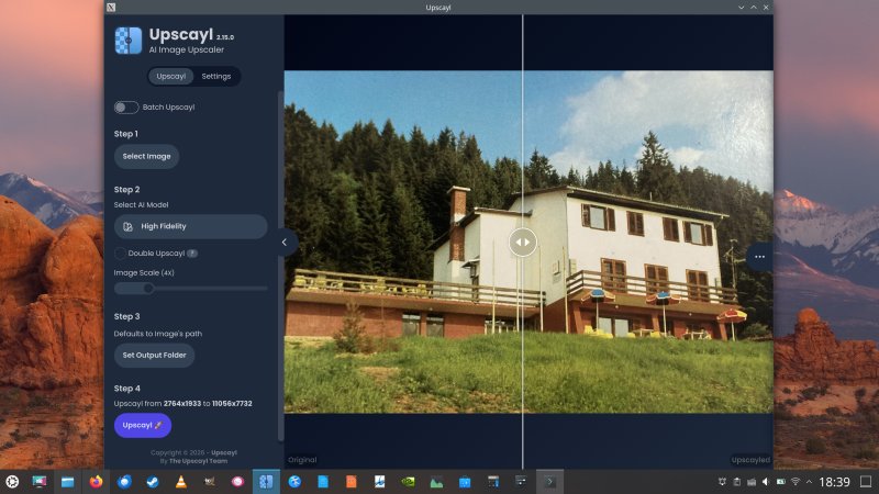 Upscayl 2.15.0 в Linux с выбранной моделью High Fidelity и сравнением обработанной фотографии