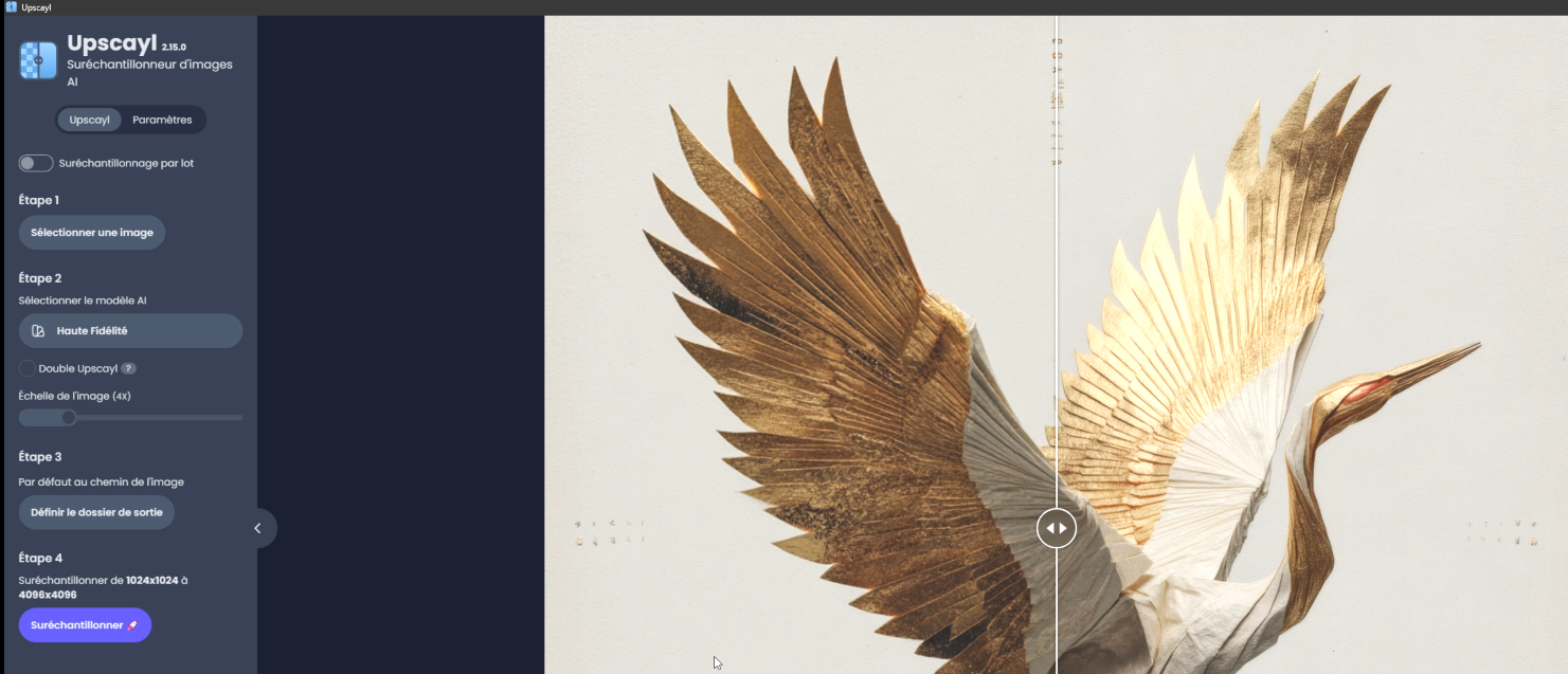 Upscayl 2.15.0 с моделью High Fidelity, масштабом 4× и разделителем до и после