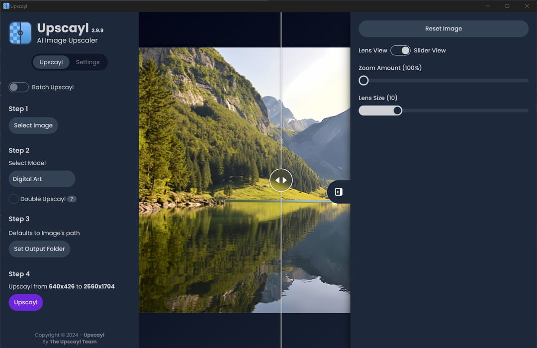 Интерфейс Upscayl 2.9.9 с режимами Lens View и Slider View, масштабом просмотра и размером линзы