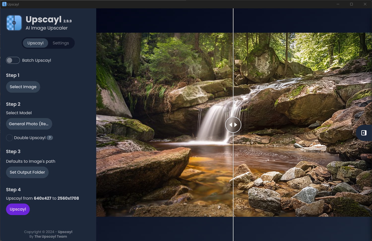 Результат Upscayl на пейзажной фотографии с вертикальным ползунком исходника и увеличенной версии