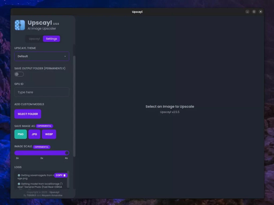 Вкладка Settings в Upscayl с темой, GPU ID, пользовательскими моделями, форматами PNG JPG WebP и масштабом