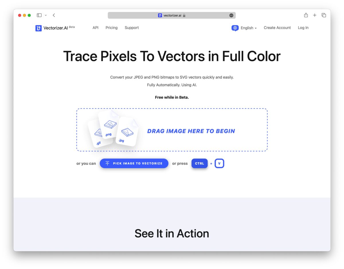 Стартовая страница Vectorizer.AI с зоной перетаскивания и кнопкой PICK IMAGE TO VECTORIZE