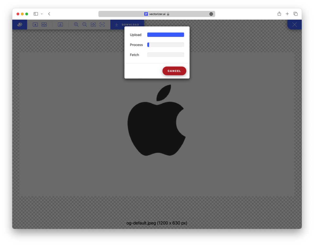 Окно обработки Vectorizer.AI со стадиями Upload, Process и Fetch