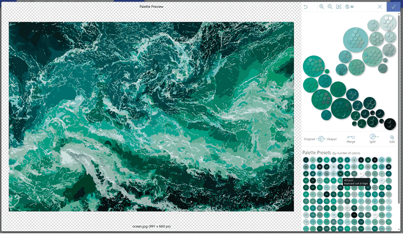 Окно Palette Preview Vectorizer.AI с группами цветов и пресетами количества цветов