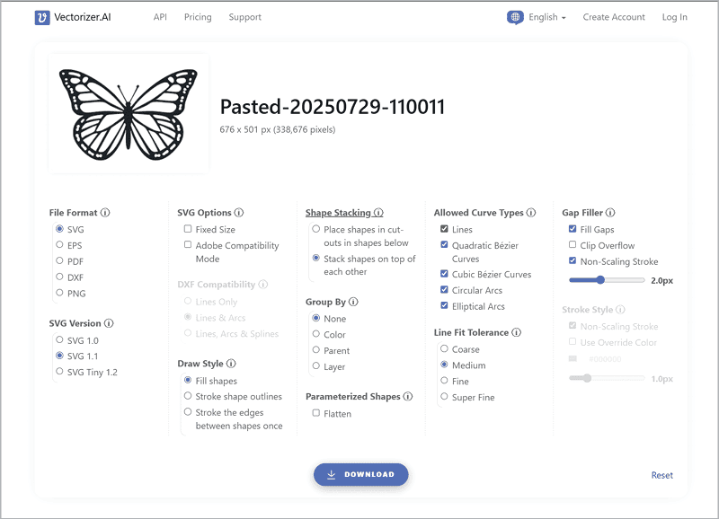 Панель Download Vectorizer.AI с форматами SVG, EPS, PDF, DXF, PNG и параметрами экспорта