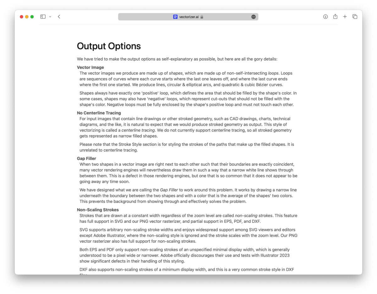 Страница справки Output Options Vectorizer.AI с описанием векторных форм и Gap Filler
