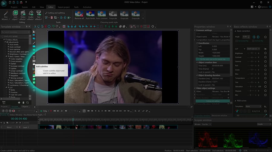 Добавление субтитров через кнопку CC в VSDC Video Editor