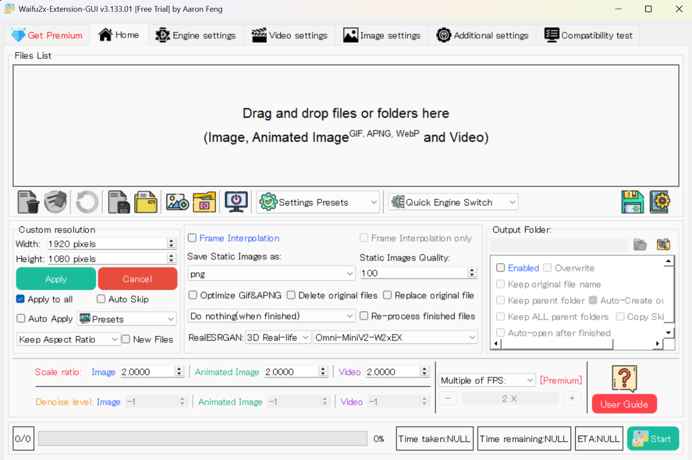 Главное окно Waifu2x-Extension-GUI с Files List, Custom resolution, Settings Presets, выбором модели и папкой вывода