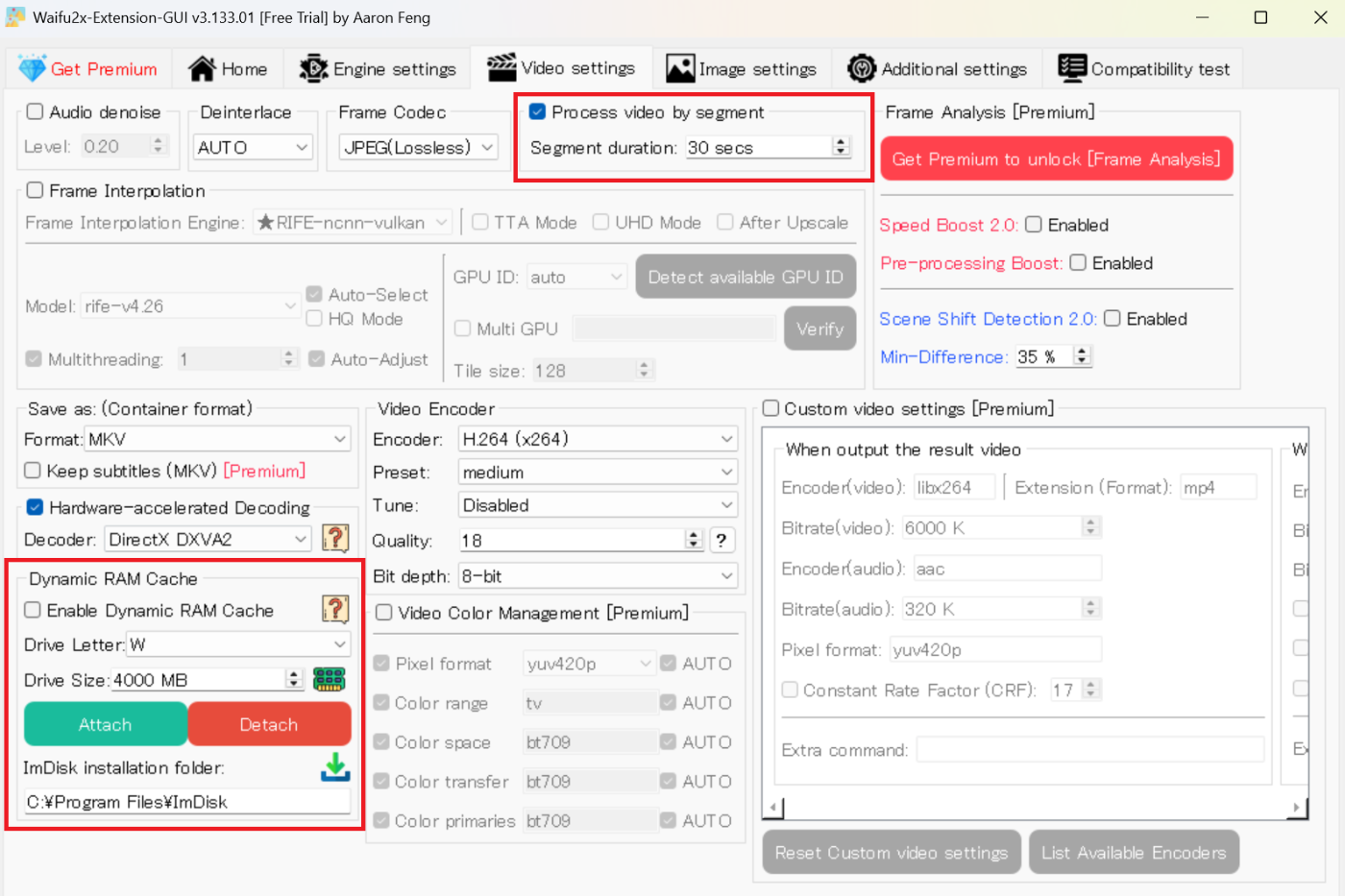 Вкладка Video settings с Process video by segment, RIFE, Scene Shift Detection, Dynamic RAM Cache и параметрами энкодера