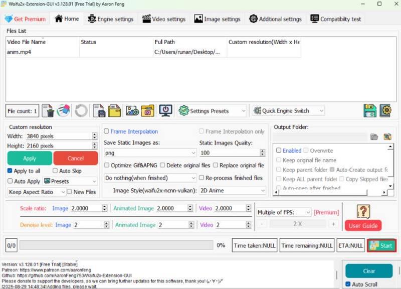 Главное окно Waifu2x-Extension-GUI с загруженным видео и заданным Custom resolution 3840 на 2160 пикселей