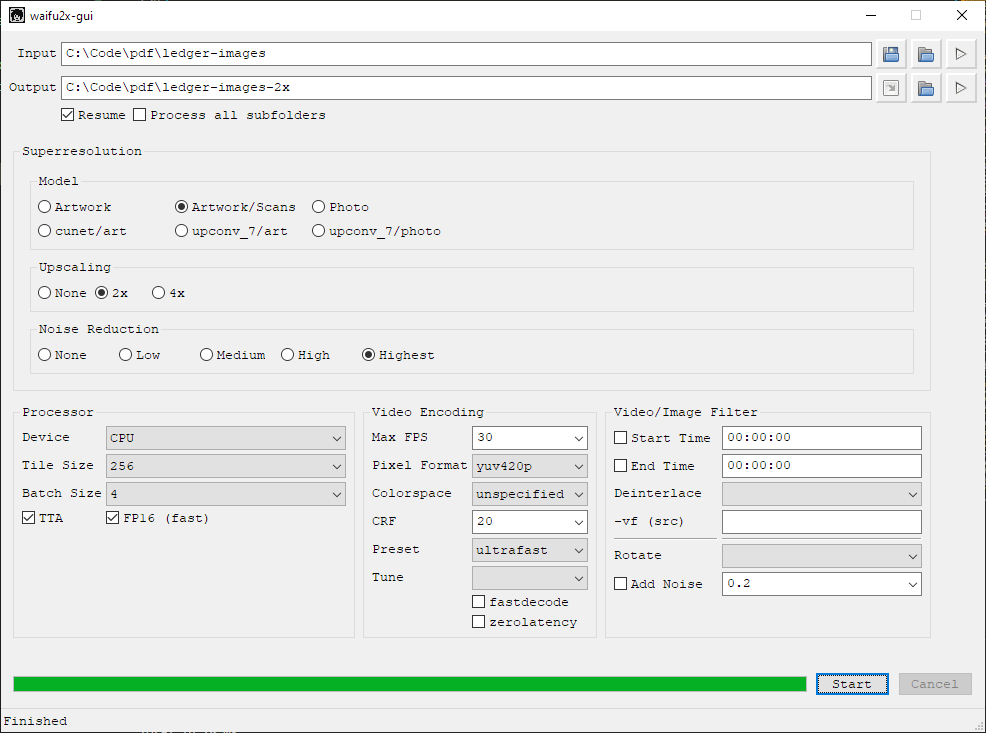 Официальный локальный waifu2x-gui: Input, Output, Model, Upscaling, Noise Reduction и параметры Processor