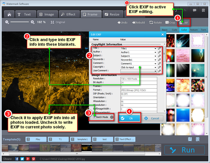 Окно Edit EXIF с полями Copyright Information и флажком Batch Mode