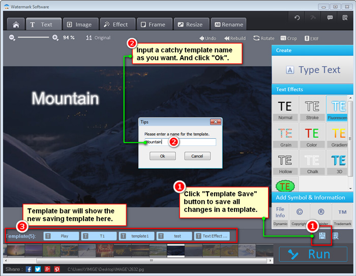 Сохранение шаблона Watermark Software через Template Save и ввод имени пресета
