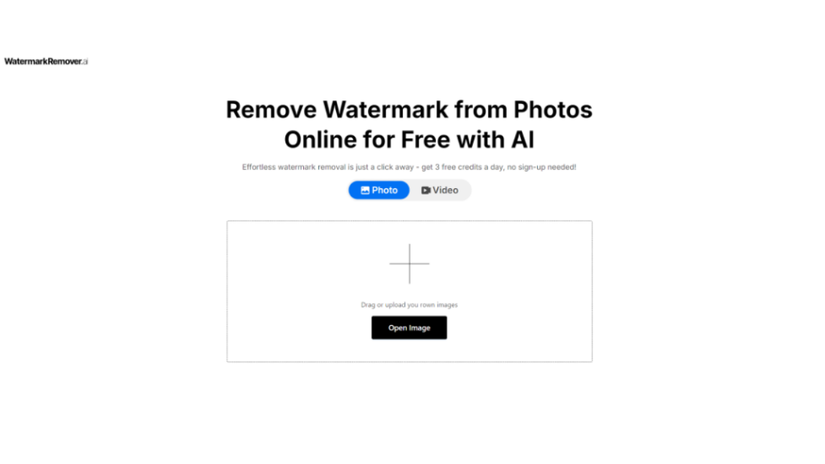 Стартовый экран WatermarkRemover.ai с переключателем Photo и Video, областью загрузки и кнопкой Open Image