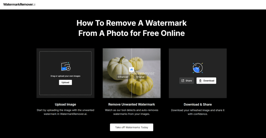 Схема WatermarkRemover.ai из трёх этапов: Upload Image, Remove Unwanted Watermark и Download & Share