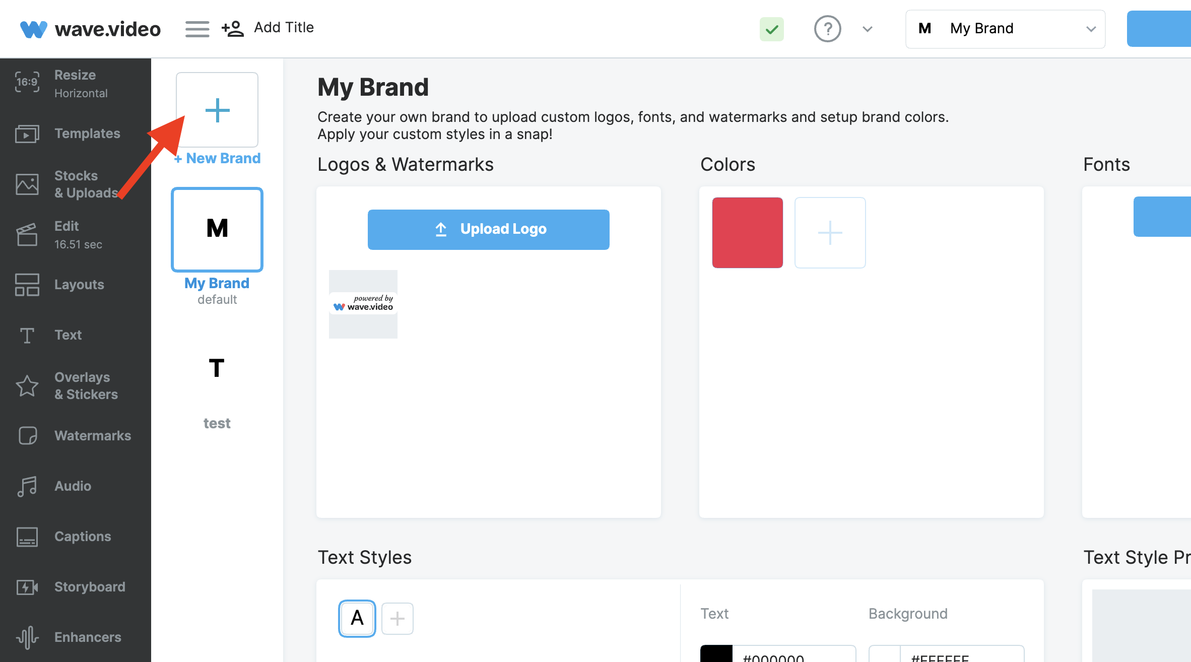 Brand Manager Wave.video с блоками логотипов, цветов, шрифтов и текстовых стилей