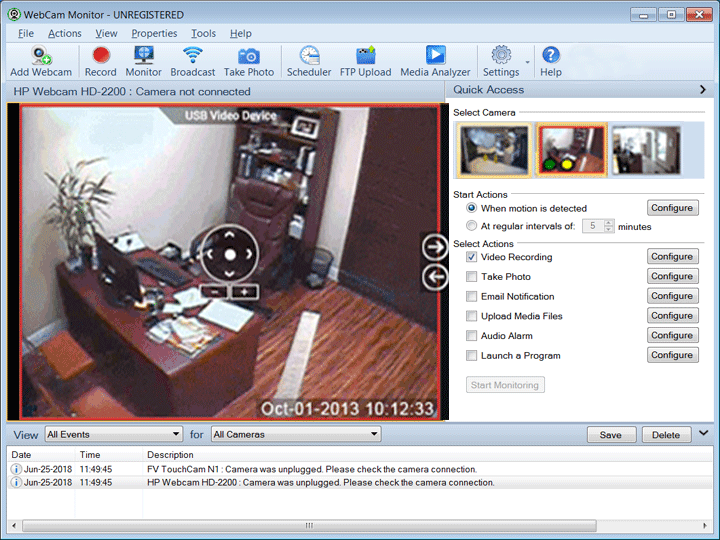 Главное окно WebCam Monitor с предпросмотром камеры, панелью инструментов и журналом событий