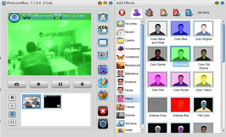 Окно WebcamMax 7.7.6.8 с библиотекой Filters и цветными фильтрами