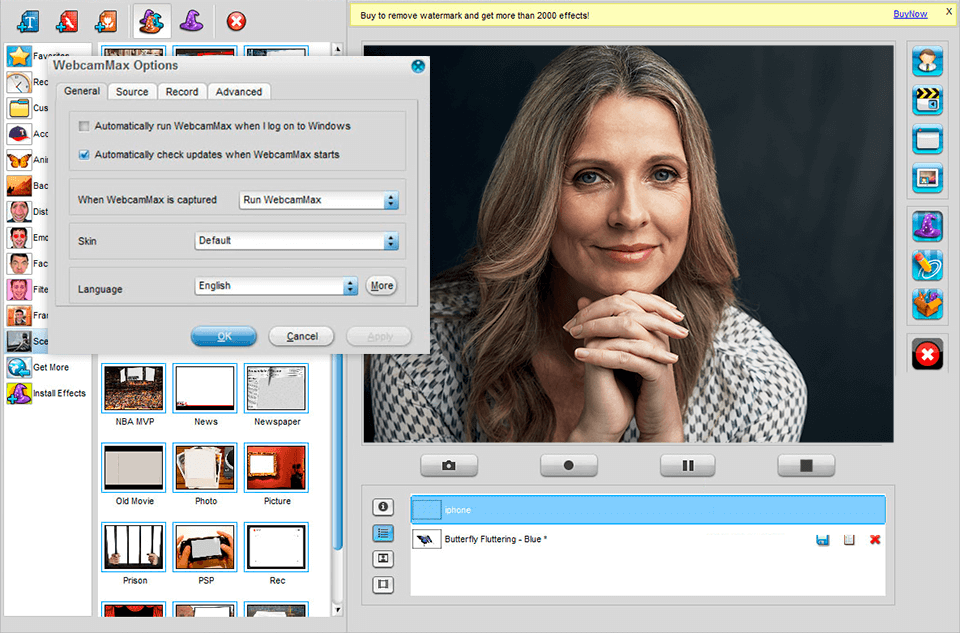 Окно WebcamMax Options с вкладками General, Source, Record и Advanced