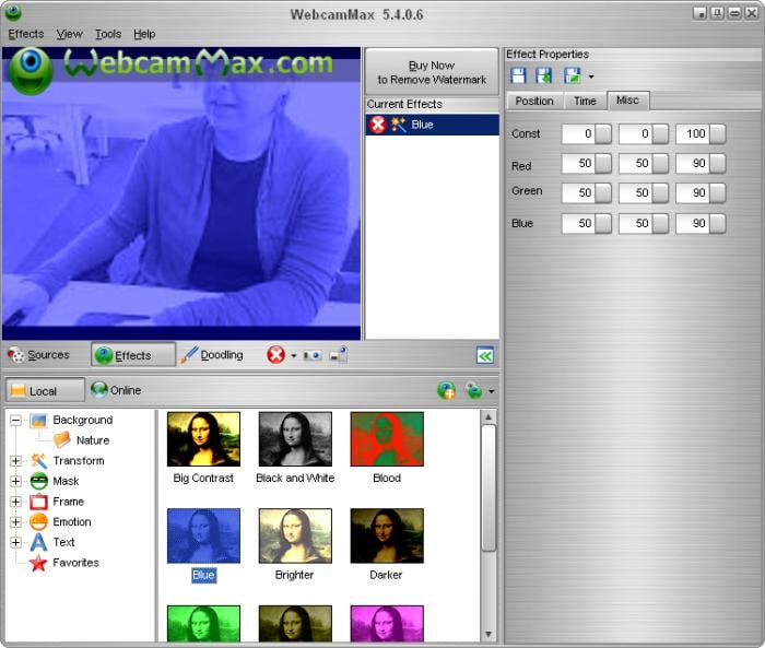 WebcamMax 5.4.0.6 с фильтром Blue, Current Effects и панелью Effect Properties