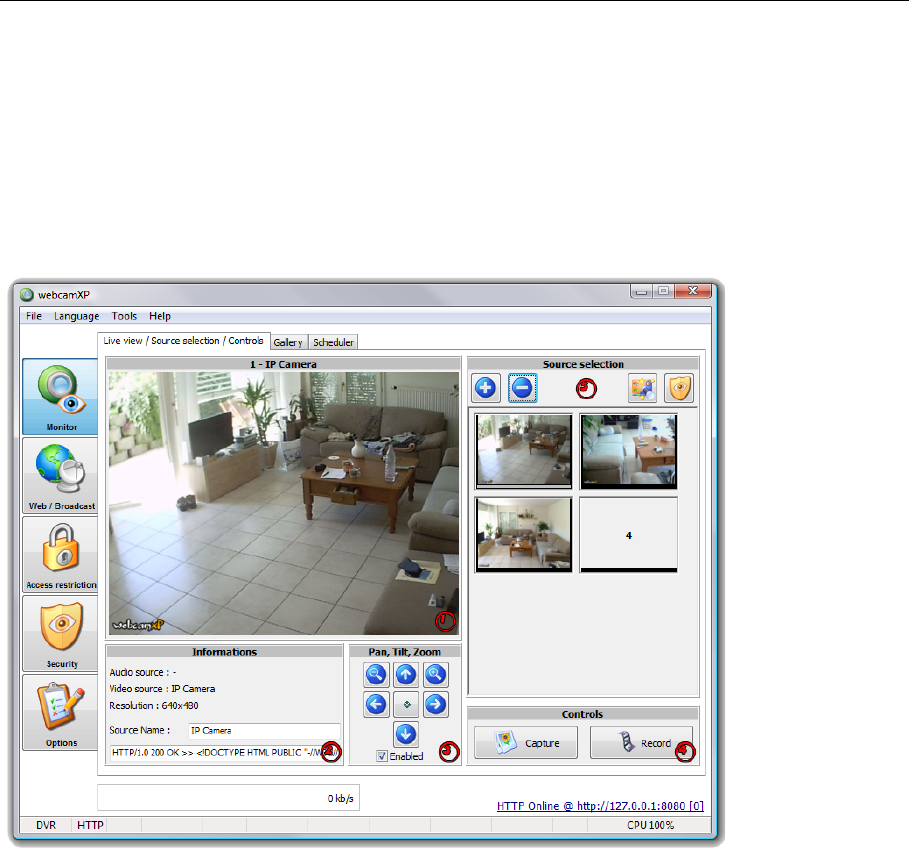 Главное окно WebcamXP с просмотром камеры, выбором источников и блоком Pan, Tilt, Zoom