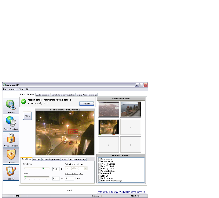 Motion Detector в WebcamXP с окном камеры, чувствительностью и параметрами тревоги