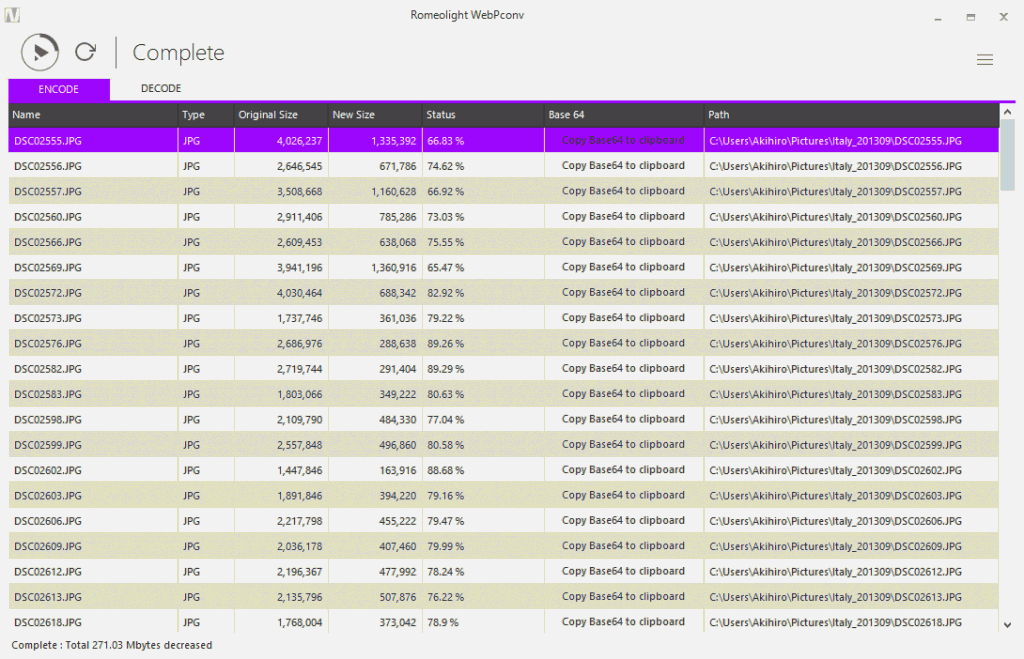 Пакетная очередь WebPconv после конвертации JPEG с колонками Original Size, New Size, Status и Base 64