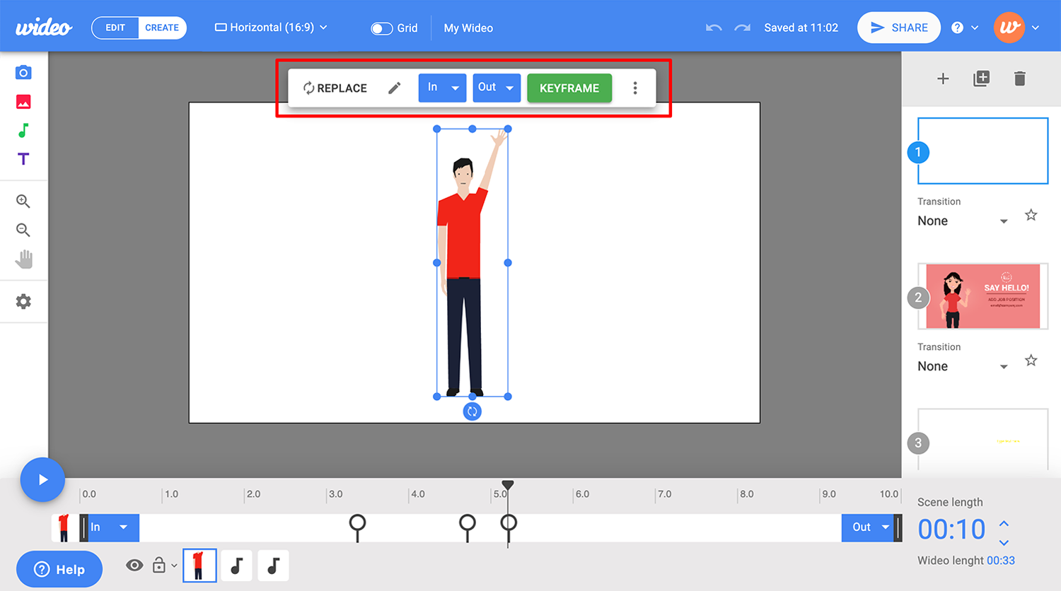 Выбранный объект в Wideo и плавающая Object Toolbar с Replace, In, Out и Keyframe