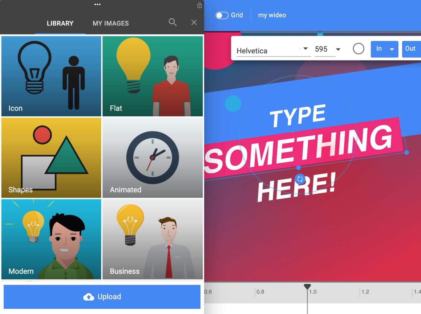 Библиотека объектов Wideo с категориями Icon, Flat, Shapes, Animated, Modern и Business
